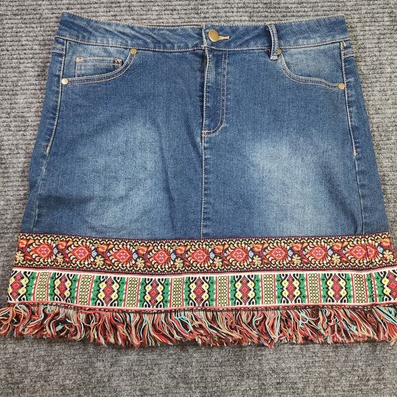Dresses & Skirts - Womens 12 Navajo Style Button Zipper Denim Skirt Casual Embroidered Fringe Boho